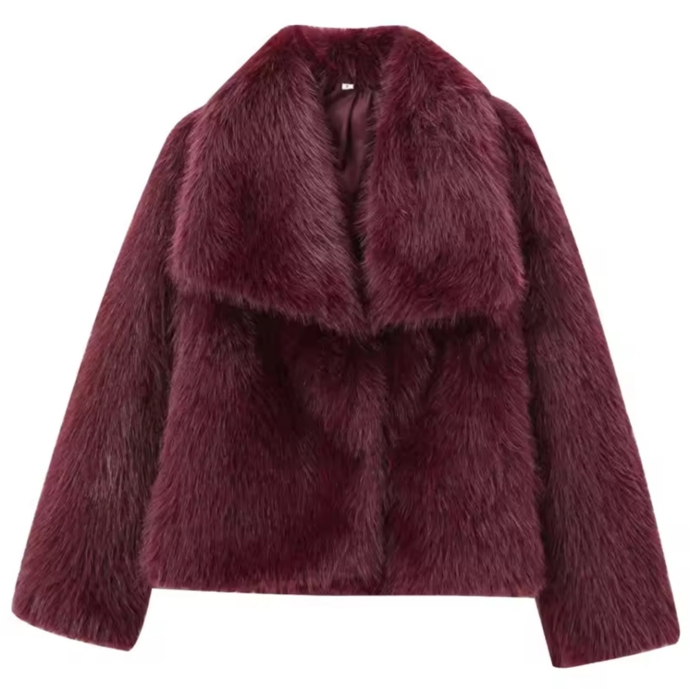 Women's Fur Coat Women Plush Burgundy Bomber Jacket Solid Crop Long Sleeve - Picture 5 of 5